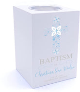 Personalised Baptism Blue Ornate Cross Design Tea Light Holder