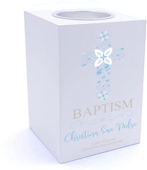Personalised Baptism Blue Ornate Cross Design Tea Light Holder