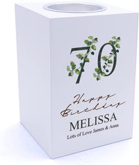 Personalised 70th Birthday Green Leaf Design Gift Tea Light Holder