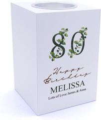 Personalised 80th Birthday Green Leaf Design Gift Tea Light Holder