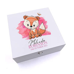 ukgiftstoreonline Personalised Baby Girl Cute Fox Design Keepsake Wooden Box