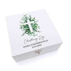 ukgiftstoreonline Personalised Christening Keepsake Wooden Box With Cross and Eucalyptus