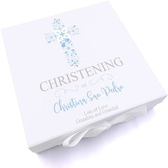 ukgiftstoreonline Personalised Christening Blue Ornate Cross Design Keepsake Memory Box
