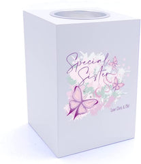 Personalised Special Sister Pink & Purple Butterfly Gift Tea Light Holder