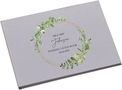 Personalised Green Leaf Wreath Wedding Linen Guest Book Printed