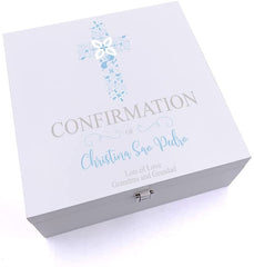 ukgiftstoreonline Personalised Confirmation Blue Ornate Cross Keepsake Wooden Box