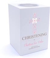 Personalised Christening Pink Ornate Cross Design Tea Light Holder