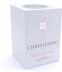 Personalised Christening Pink Ornate Cross Design Tea Light Holder