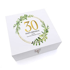 ukgiftstoreonline Personalised 30th Birthday Gift for her Keepsake Wooden Box Gold Wreath Design
