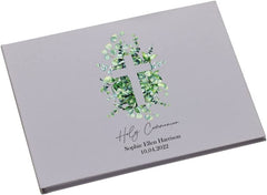 Personalised Linen Communion Guest Book Printed With Cross and Leaves