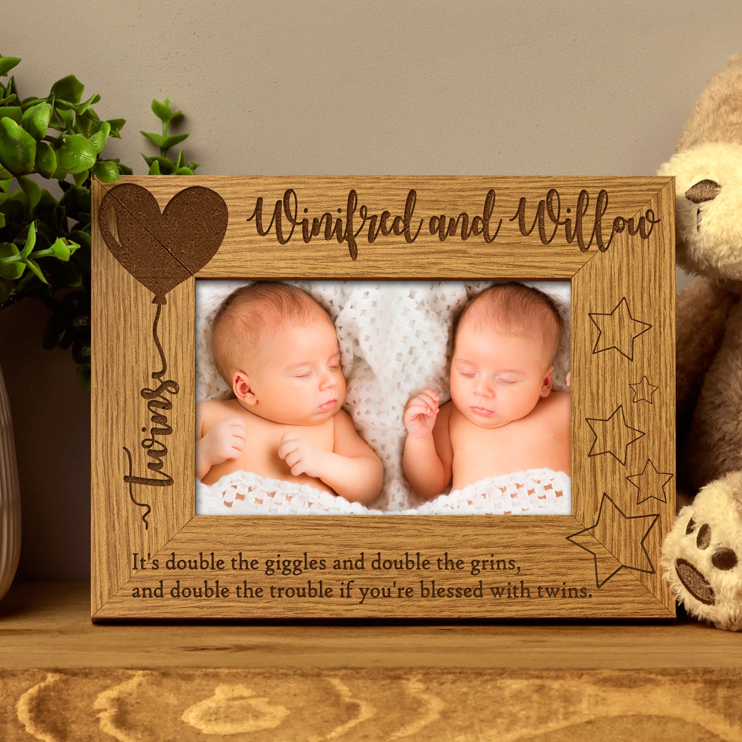 Personalised Twins Balloon Design Wooden Photo Frame Gift (4 x 6) Twins Photo Frame ukgiftstoreonline