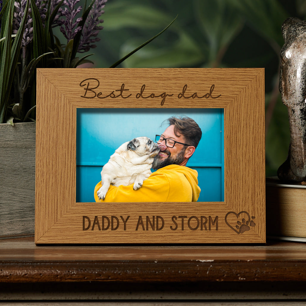Personalised Best Dog Dad Photo Frame Gift Engraved Oak Wood Finish Pet Photo Frame ukgiftstoreonline