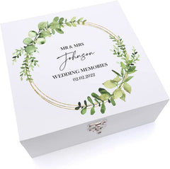 ukgiftstoreonline Personalised Wedding Keepsake Large Wooden Box Eucalyptus & Gold Wreath Keepsake Wooden Box ukgiftstoreonline