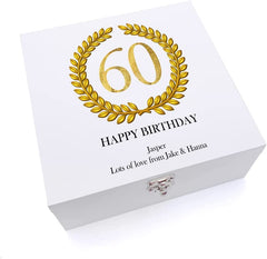 ukgiftstoreonline Personalised 60th Birthday Gift for Him Keepsake Large Wooden Box Gold Wreath Design