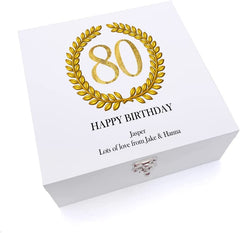 ukgiftstoreonline Personalised 80th Birthday Gift for Him Keepsake Large Wooden Box Gold Wreath Design
