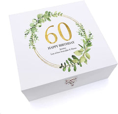 ukgiftstoreonline Personalised 60th Birthday Gift for her Keepsake Large Wooden Box Gold Wreath