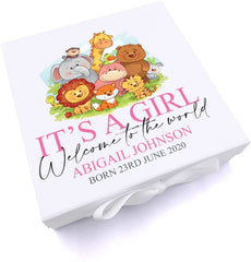 Personalised Baby Girl Cute Jungle animal Themed Keepsake Box Gift