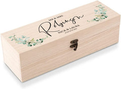 Personalised Wooden Wine or Champagne Box Wedding Keepsake Gift Eucalyptus Design