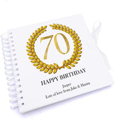 Personalised 70th Birthday Gift for Him Scrapbook Photo Album Gold Wreath Design