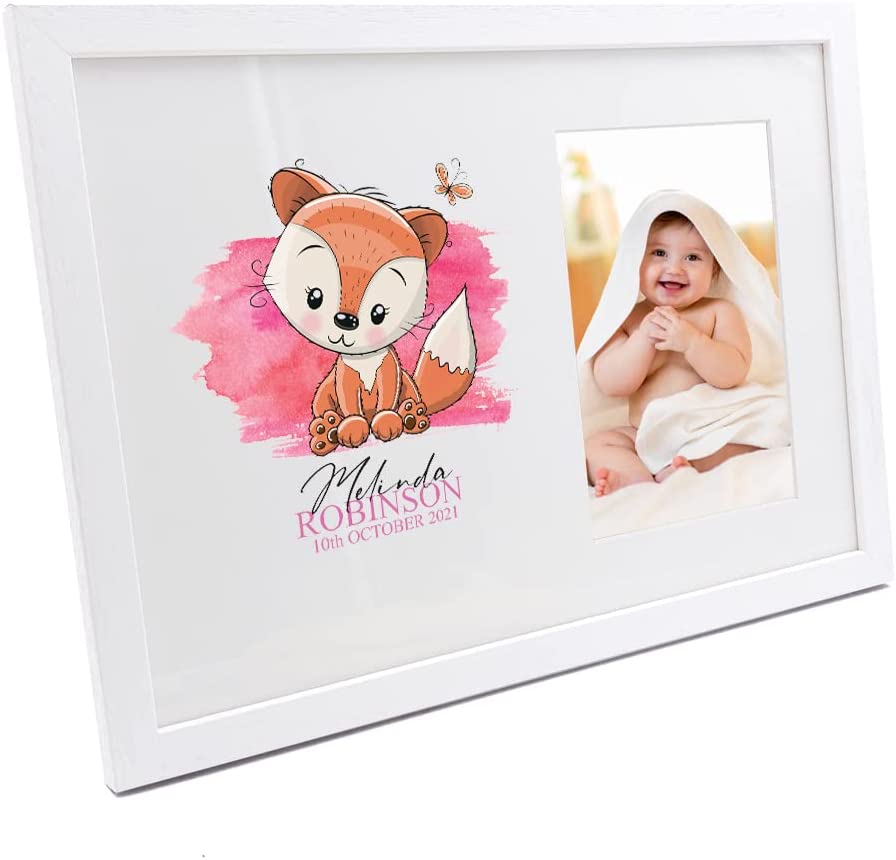 Personalised Baby Girl Cute Fox Design Photo Frame. Baby Girl Photo Frame ukgiftstoreonline