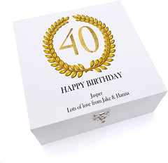 ukgiftstoreonline Personalised 40th Birthday Gift for Him Keepsake Wooden Box Gold Wreath Design