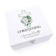 ukgiftstoreonline Personalised Christening Day Wooden Keepsake Memory Box With Green Cross