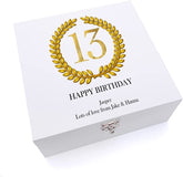 ukgiftstoreonline Personalised 13th Birthday Gift for Him Keepsake Large Wooden Box Gold Wreath Design