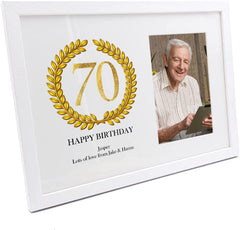 Personalised 70th Birthday Gift for Him Photo Frame Gold Wreath Design