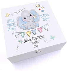 ukgiftstoreonline Personalised Luxury Wooden Baby Boy Keepsake Box Elephant Design