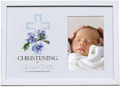Personalised Christening White Photo Frame With Blue Cross 6"x4"