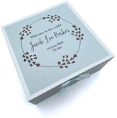 Personalised Baby Boy Blue Wooden Memories Keepsake Box Heart Wreath