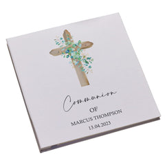 Personalised Communion Large Linen Cover Photo Album With Wood Cross