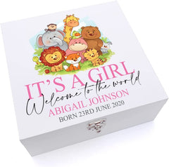 ukgiftstoreonline Personalised Cute Baby Girl Keepsake Large Wooden Box Gift Jungle Animal Theme