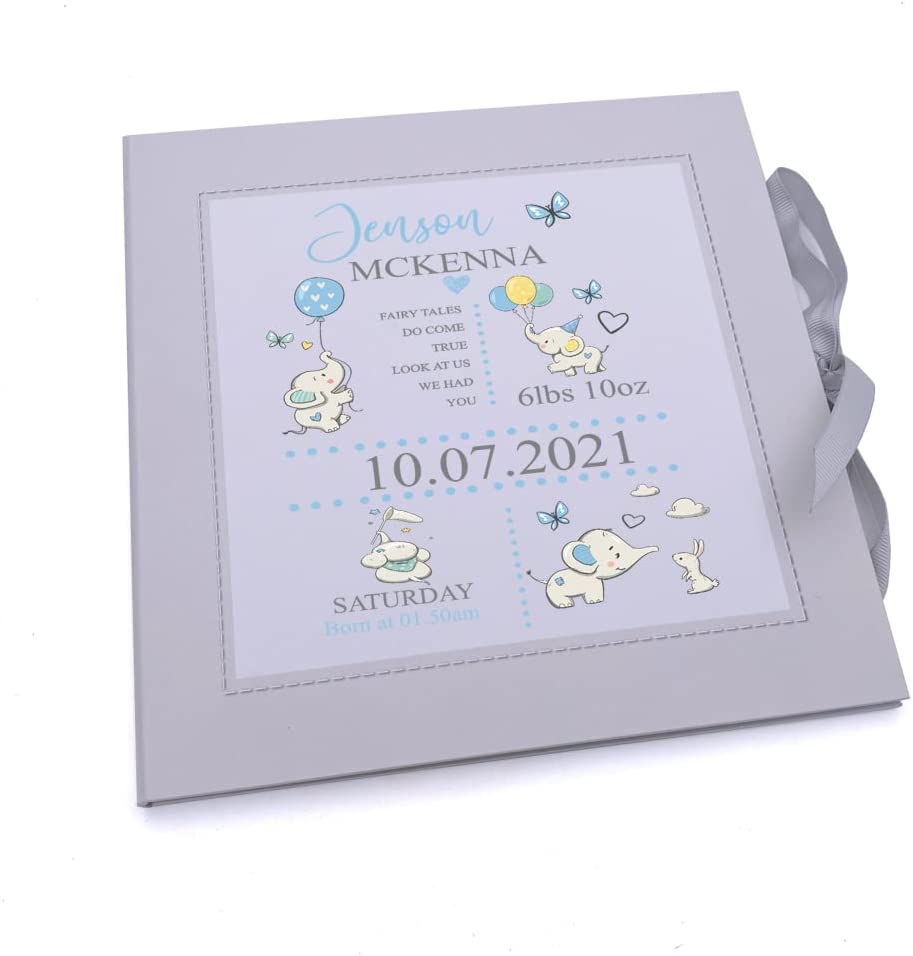 ukgiftstoreonline Personalised Baby Boy My First Year Keepsake Record Book With Elephants