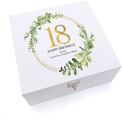 ukgiftstoreonline Personalised 18th Birthday Gift for her Keepsake Large Wooden Box Gold Wreath