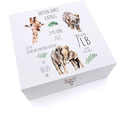 ukgiftstoreonline Personalised Safari Animal New Baby Keepsake Large Wooden Box Gift