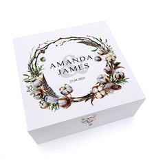 ukgiftstoreonline Personalised Wedding Keepsake Wooden Box Gift With Water Colour Rustic Cotton Design