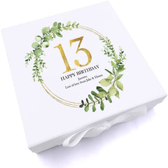 Personalised 13th Birthday Gift for her Keepsake Memory Box Gold Wreath Design