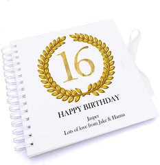 Personalised 16th Birthday Gift for Him Scrapbook Photo Album Gold Wreath Design