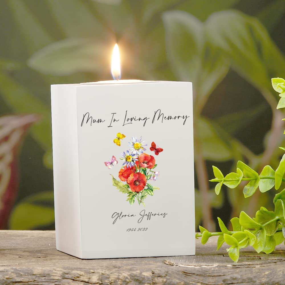 Personalised Mum Remembrance Memorial Tea Light Butterflies & Flowers Tea Light Holder ukgiftstoreonline