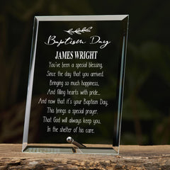 Baptism Day Sentiment Personalised Glass Plaque Gift Leaf Design