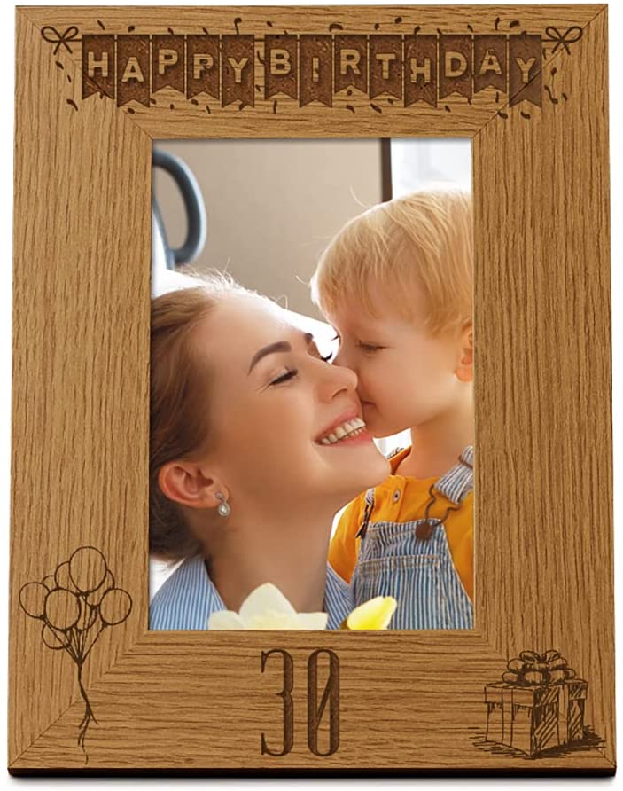 Happy 30th Birthday Engraved Photo Frame Gift Stars and Balloons Portrait Photo Frame ukgiftstoreonline 4 x 6 Inch