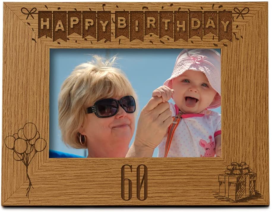 Happy 60th Birthday Engraved Photo Frame Gift Stars and Balloons Landscape Photo Frame ukgiftstoreonline