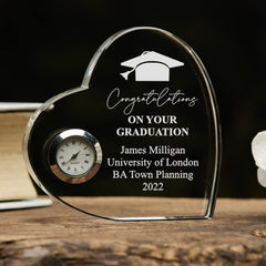 Engraved Personalised Graduation Gift Heart Crystal Glass Clock - ukgiftstoreonline