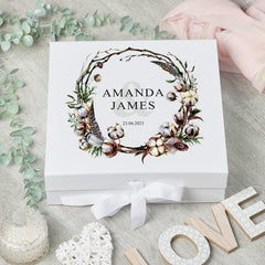 ukgiftstoreonline Personalised Wedding Keepsake Memory Box Gift with Watercolour Rustic Cotton Design