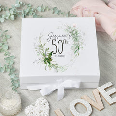 Personalised 50th Birthday Keepsake Box Gift With Botanical Design