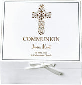 ukgiftstoreonline Personalised Communion White Keepsake Box With Floral Cross Design