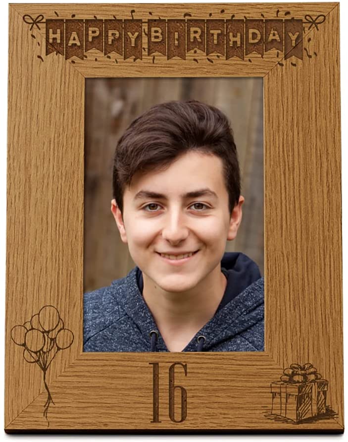 Happy 16th Birthday Engraved Photo Frame Gift Stars and Balloons Portrait Photo Frame ukgiftstoreonline 4 x 6 Inch