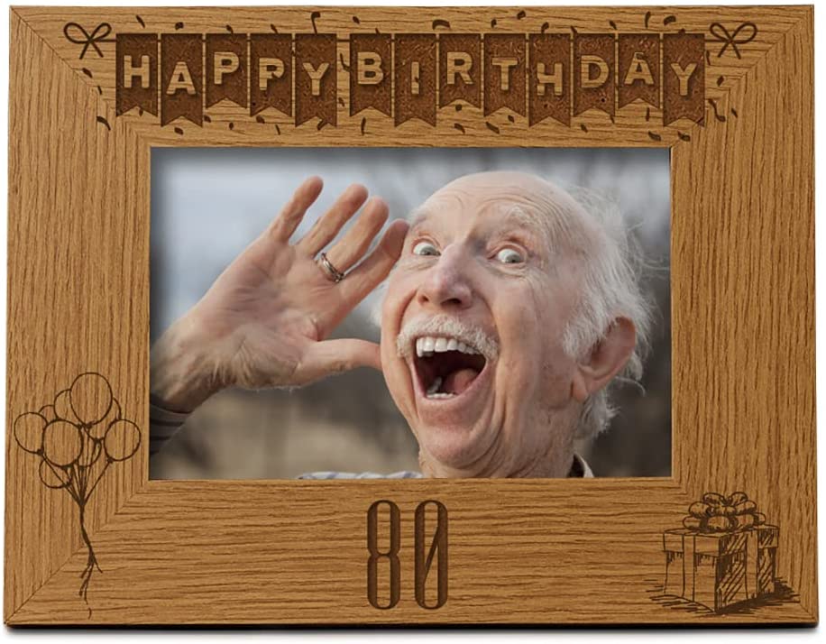 Happy 80th Birthday Engraved Photo Frame Gift Stars and Balloons Landscape Photo Frame ukgiftstoreonline 4 x 6 Inch