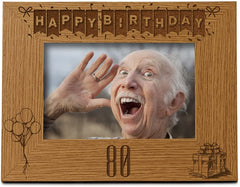 Happy 80th Birthday Engraved Photo Frame Gift Stars and Balloons Landscape